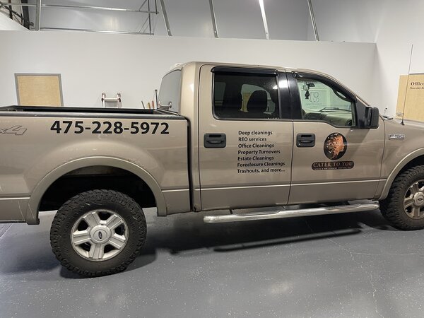 Office & REO Cleaning services graphics on vehicle designed by Paragon Signs & Graphics in Connecticut